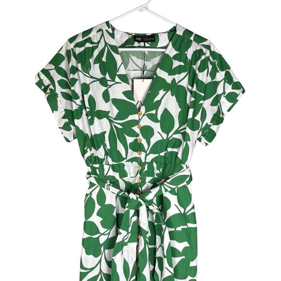 NWT Zara Floral Printed Midi Shirt Dress Women's L Cotton Green White Tropical - Picture 3 of 12